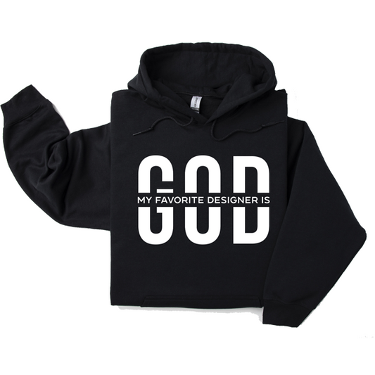 Black hooded sweatshirt with the text 'GOD MY FAVORITE DESIGNER IS' printed in white.