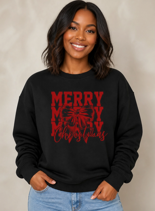 Retro Distressed Merry Christmas Sweatshirt, Coquette Bow